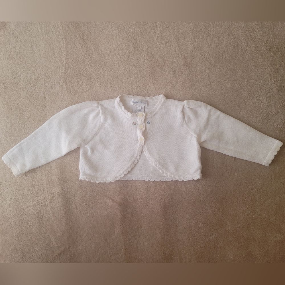 Ralph Lauren Baby Girl White Crop/Scallop Hem, Cardigan Sweater 9 Months